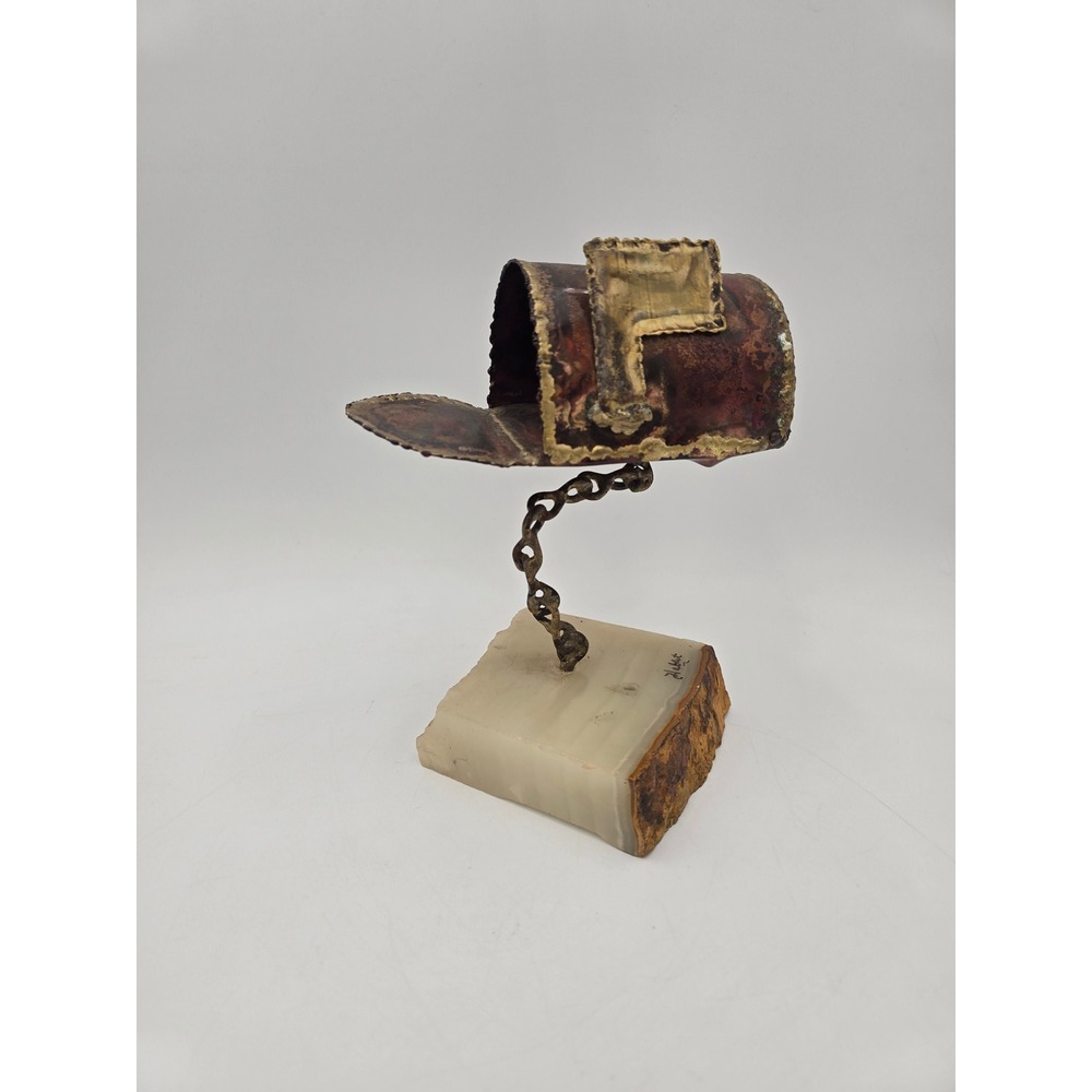 Vtg Brutalist Metal Mailbox Sculpture Onyx Base Signed Habert Mid Century Modern